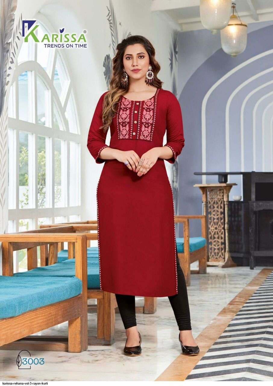 REHANA VOL 3 PREMIUM RAYON LIVA TAGS THREAD WORK AND HANDWORK KURTI WITH POCKET AND OTHER PATTERNS BY KARISSA 3003